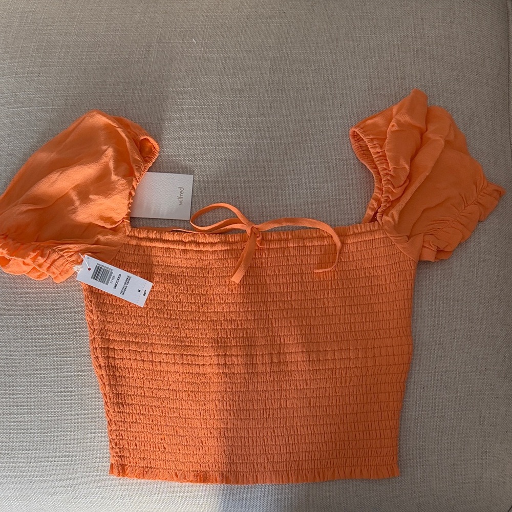 Aritzia Wilfred Orange Smocked Puff Sleeve Top NWT